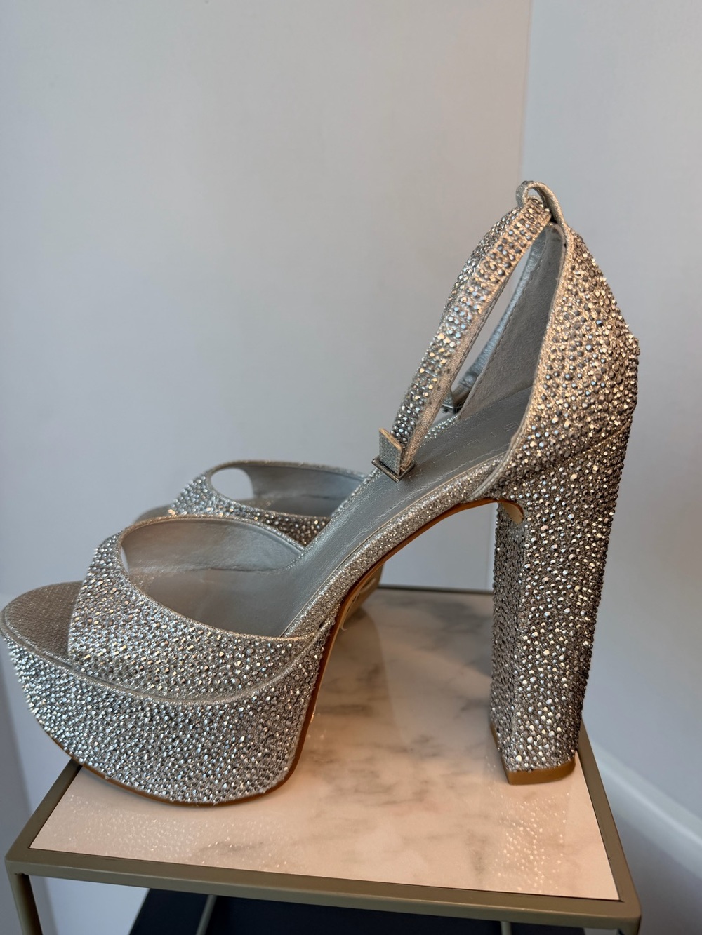 Silver Crystal Platform Block Heel Sandals